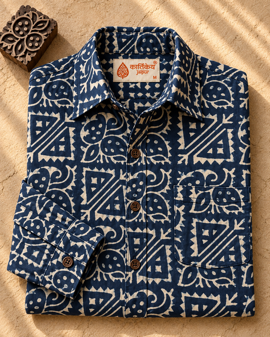 Kartikeya Jaipur Natural Print Indigo Full Sleeves Shirt -Organic ( Pre Book - Dispatch by 10th Oct )