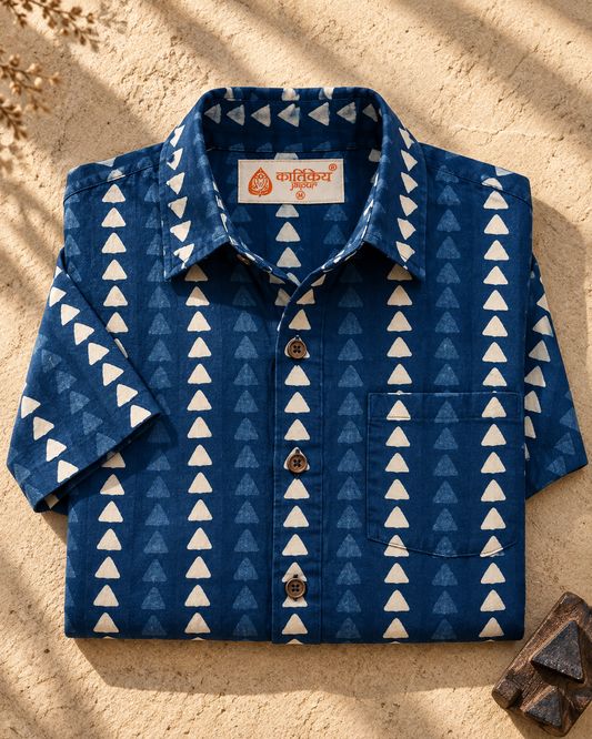 Kartikeya Jaipur Natural Print Indigo Half Sleeves Shirt -Organic ( Pre Book - Dispatch by 10th Oct )