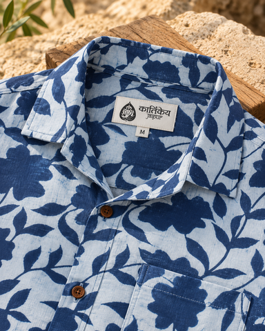 Kartikeya Jaipur Natural Print Indigo Half Sleeves Shirt -Organic ( Pre Book - Dispatch by 15th Oct )