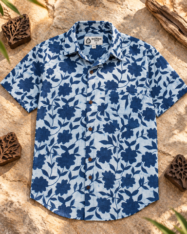 Kartikeya Jaipur Natural Print Indigo Half Sleeves Shirt -Organic ( Pre Book - Dispatch by 15th Oct )