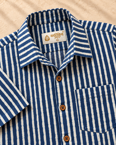 Kartikeya Jaipur Natural Print Indigo Half Sleeves Shirt -Organic ( Pre Book - Dispatch by 10th Oct )