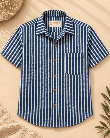 Kartikeya Jaipur Natural Print Indigo Half Sleeves Shirt -Organic ( Pre Book - Dispatch by 10th Oct )