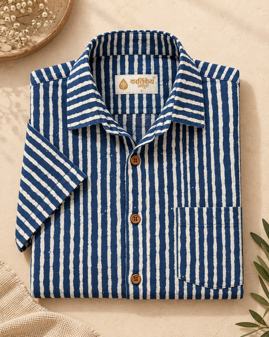 Kartikeya Jaipur Natural Print Indigo Half Sleeves Shirt -Organic ( Pre Book - Dispatch by 10th Oct )