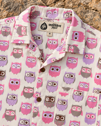 Magenta Owl Print Cuban Cotton Shirt for Men - Limited Edition