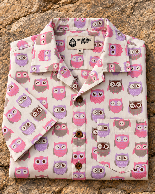 Magenta Owl Print Cuban Cotton Shirt for Men - Limited Edition