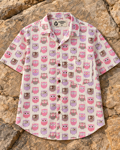 Magenta Owl Print Cuban Cotton Shirt for Men - Limited Edition