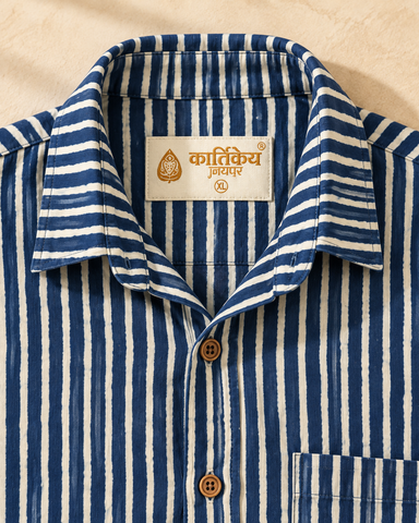Kartikeya Jaipur Natural Print Indigo Half Sleeves Shirt -Organic ( Pre Book - Dispatch by 10th Oct )