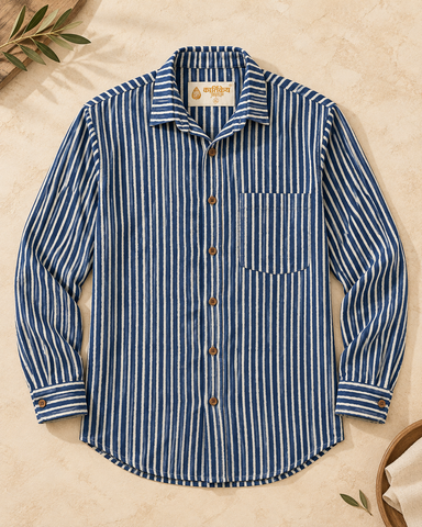 Kartikeya Jaipur Natural Print Indigo Half Sleeves Shirt -Organic ( Pre Book - Dispatch by 10th Oct )