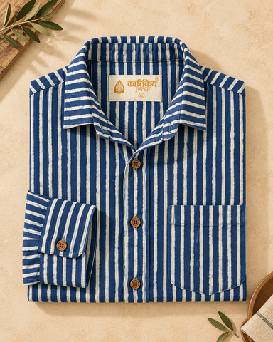 Kartikeya Jaipur Natural Print Indigo Half Sleeves Shirt -Organic ( Pre Book - Dispatch by 10th Oct )