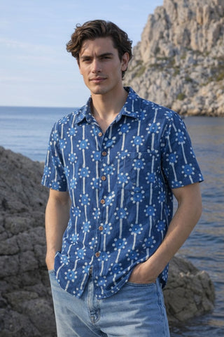 Classic Organic Indigo Print Men's Half Sleeves Shirt
