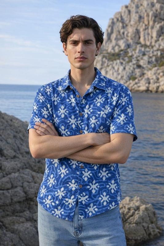 Classic Organic Indigo Print Men's Half Sleeves Shirt
