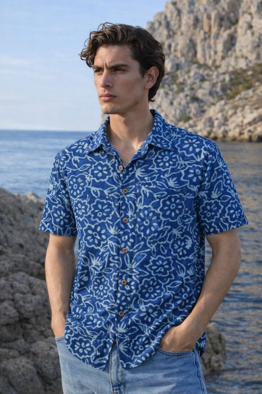 Classic Organic Indigo Print Men's Half Sleeves Shirt
