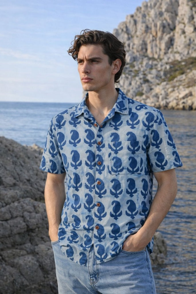 Classic Organic Indigo Print Men's Half Sleeves Shirt