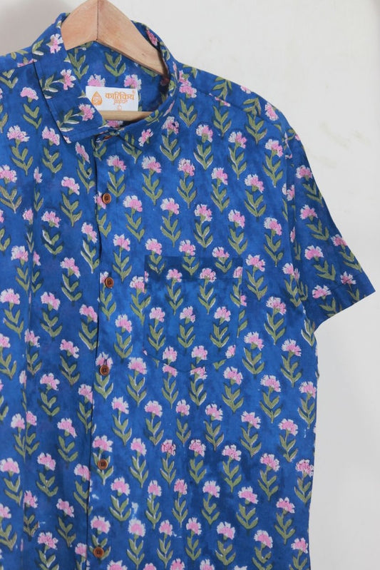 Classic Organic Indigo Print Men's Half Sleeves Shirt