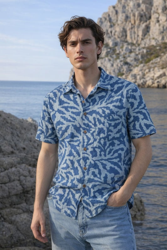 Classic Organic Indigo Print Men's Half Sleeves Shirt