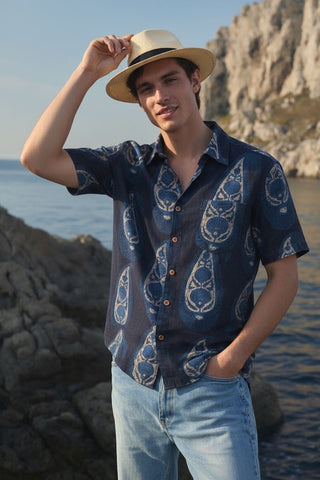 Classic Organic Indigo Print Men's Half Sleeves Shirt