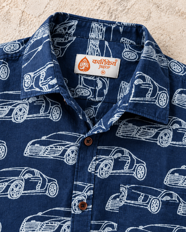 Kartikeya Jaipur Vintage Car Print Indigo Cotton Shirt - Organic
