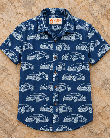 Kartikeya Jaipur Vintage Car Print Indigo Cotton Shirt - Organic