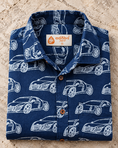 Kartikeya Jaipur Vintage Car Print Indigo Cotton Shirt - Organic