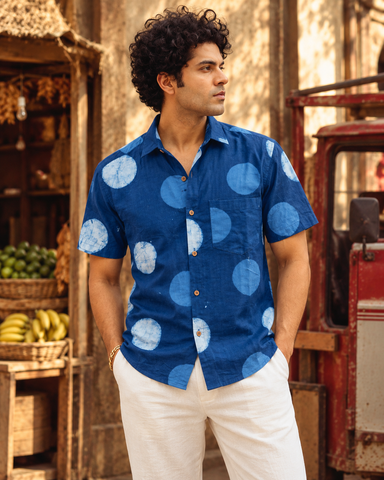 Natural Indigo Hand Block Bold Polka Print Men's Shirt - Organic