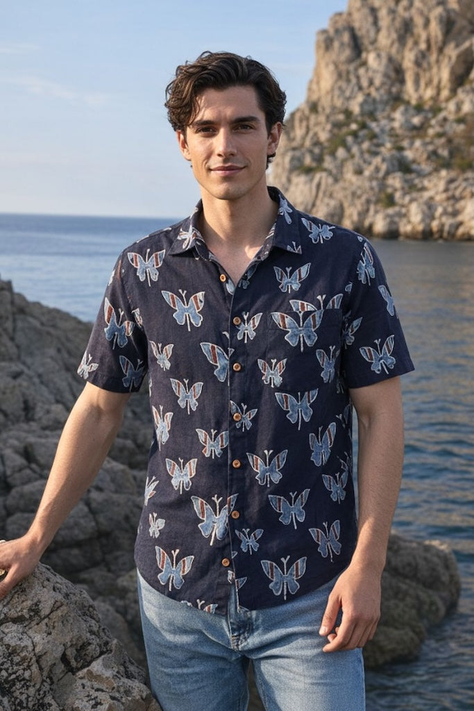 Classic Organic Ajrakh Butterfly Print Men's Half Sleeves Shirt