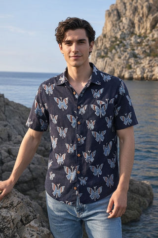 Classic Organic Ajrakh Butterfly Print Men's Half Sleeves Shirt