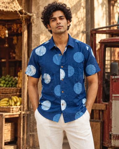 Natural Indigo Hand Block Bold Polka Print Men's Shirt - Organic