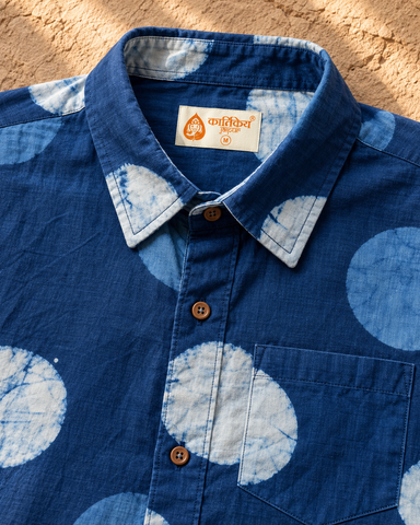 Natural Indigo Hand Block Bold Polka Print Men's Shirt - Organic