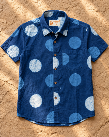 Natural Indigo Hand Block Bold Polka Print Men's Shirt - Organic