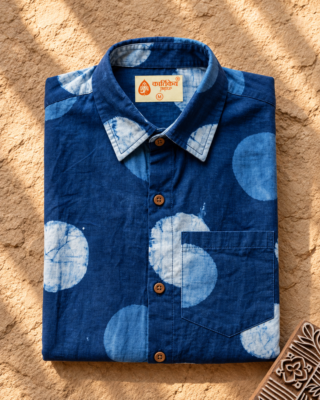 Natural Indigo Hand Block Bold Polka Print Men's Shirt - Organic
