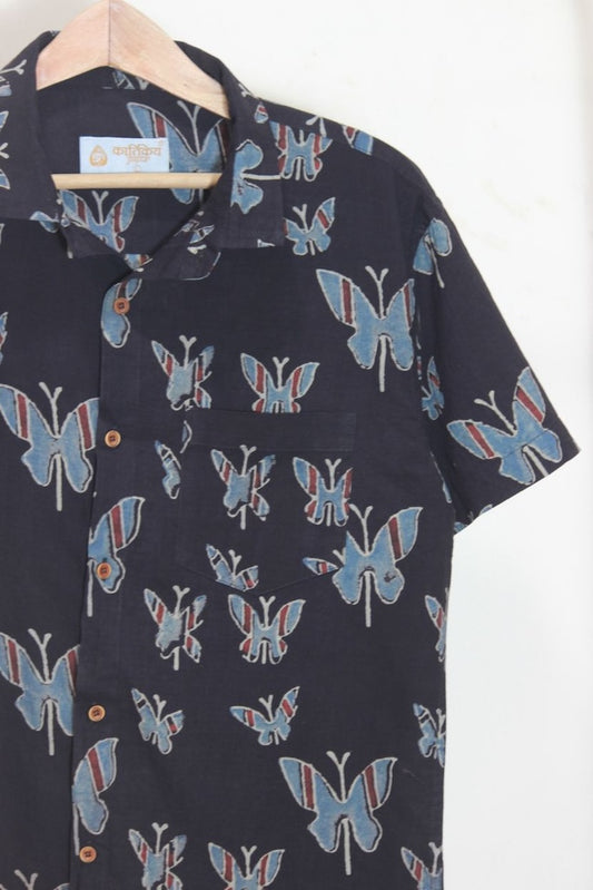 Classic Organic Ajrakh Butterfly Print Men's Half Sleeves Shirt