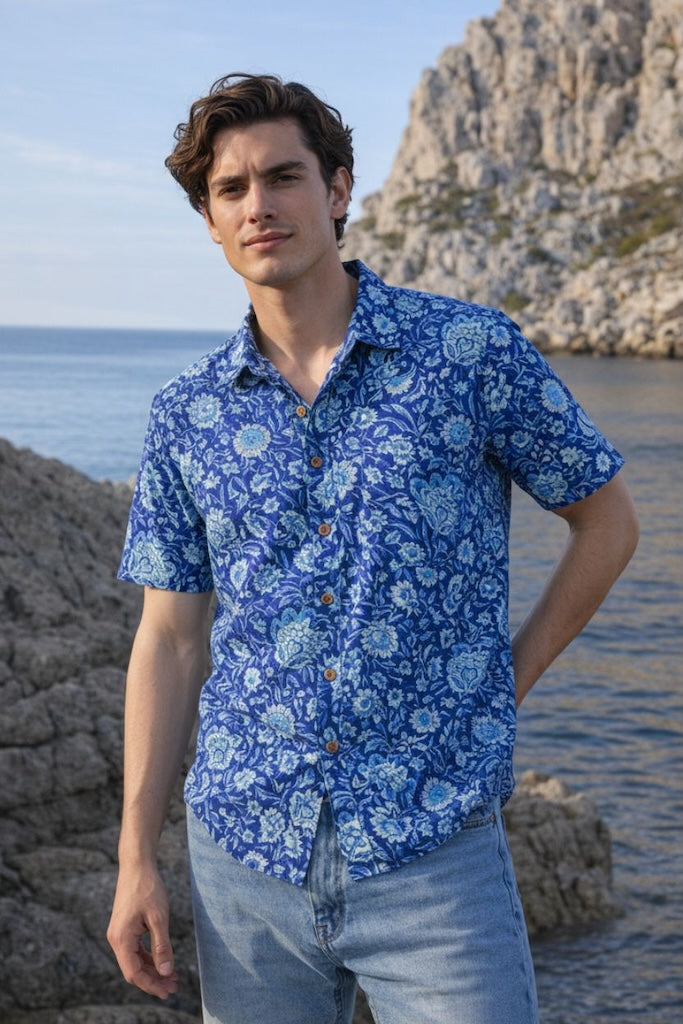 Classic Organic Indigo Print Men's Half Sleeves Shirt