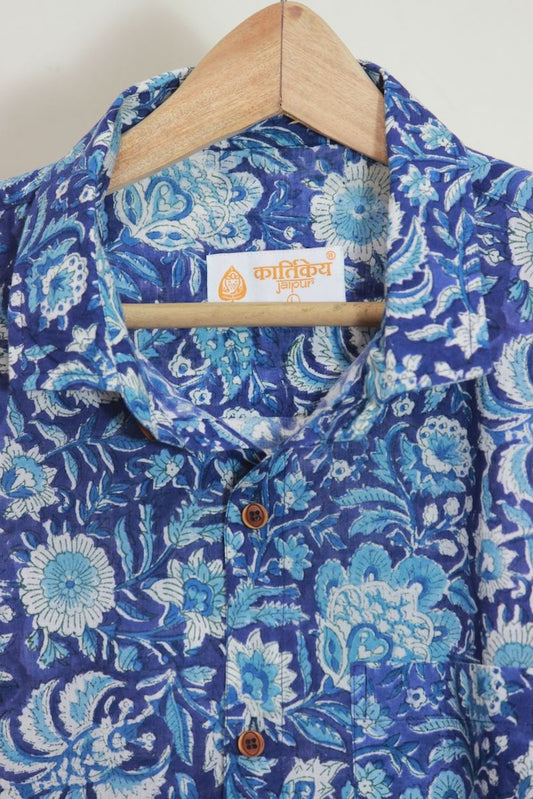 Classic Organic Indigo Print Men's Half Sleeves Shirt