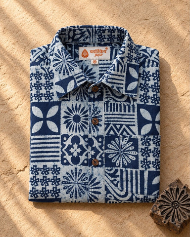 Kartikeya Jaipur Natural Print Organic Indigo Shirt for Men - Limited Edition ( PRE BOOK - Dispatch by 5th Oct )