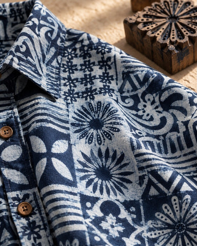 Kartikeya Jaipur Natural Print Organic Indigo Shirt for Men - Limited Edition ( PRE BOOK - Dispatch by 5th Oct )