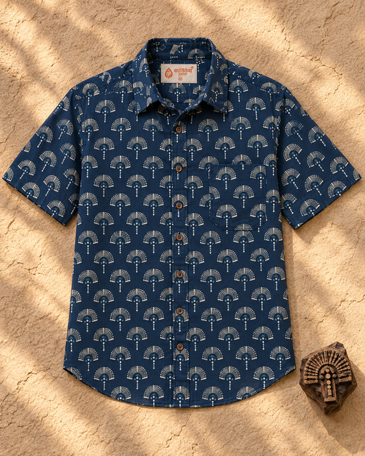 Kartikeya Jaipur Natural Print Indigo Half Sleeves Shirt -Organic ( Pre Book - Dispatch by 10th Oct )