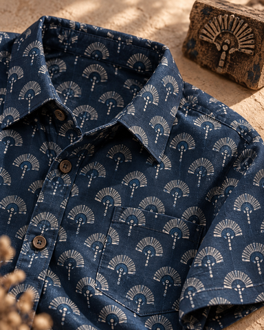 Kartikeya Jaipur Natural Print Indigo Shirt - Limited Edition ( ( Pre book dispatch by 29th SEP )