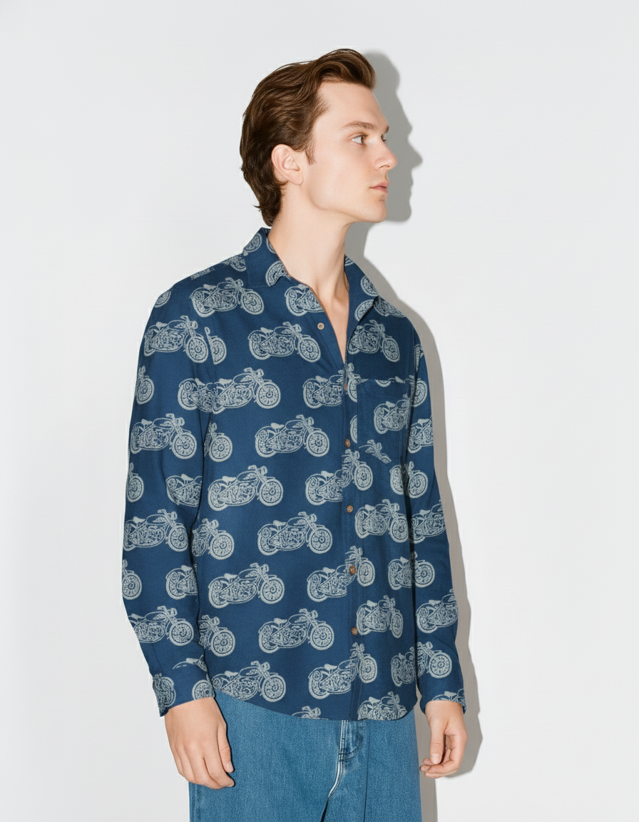Indigo Full Sleeve Bullet Bike Print Shirt for Men