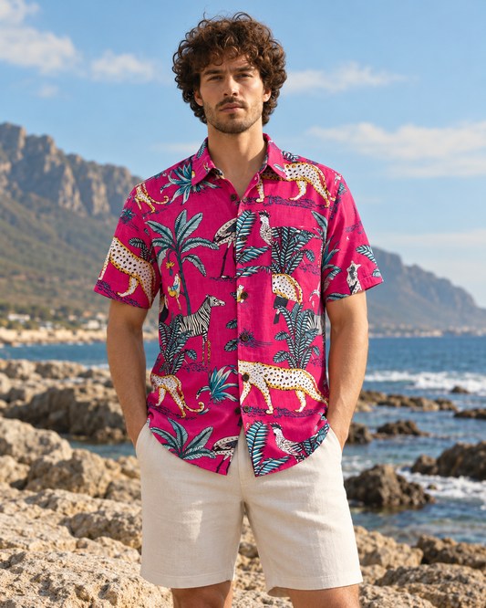 Pink Jungle Vintage Cotton Half Sleeve Shirt for Men