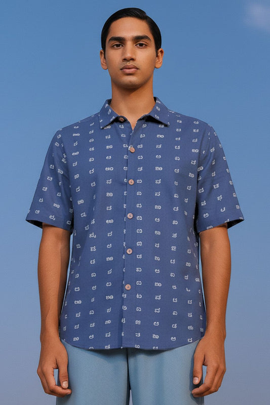 Blue Kannada Print Half Sleeve Cotton Shirt Men