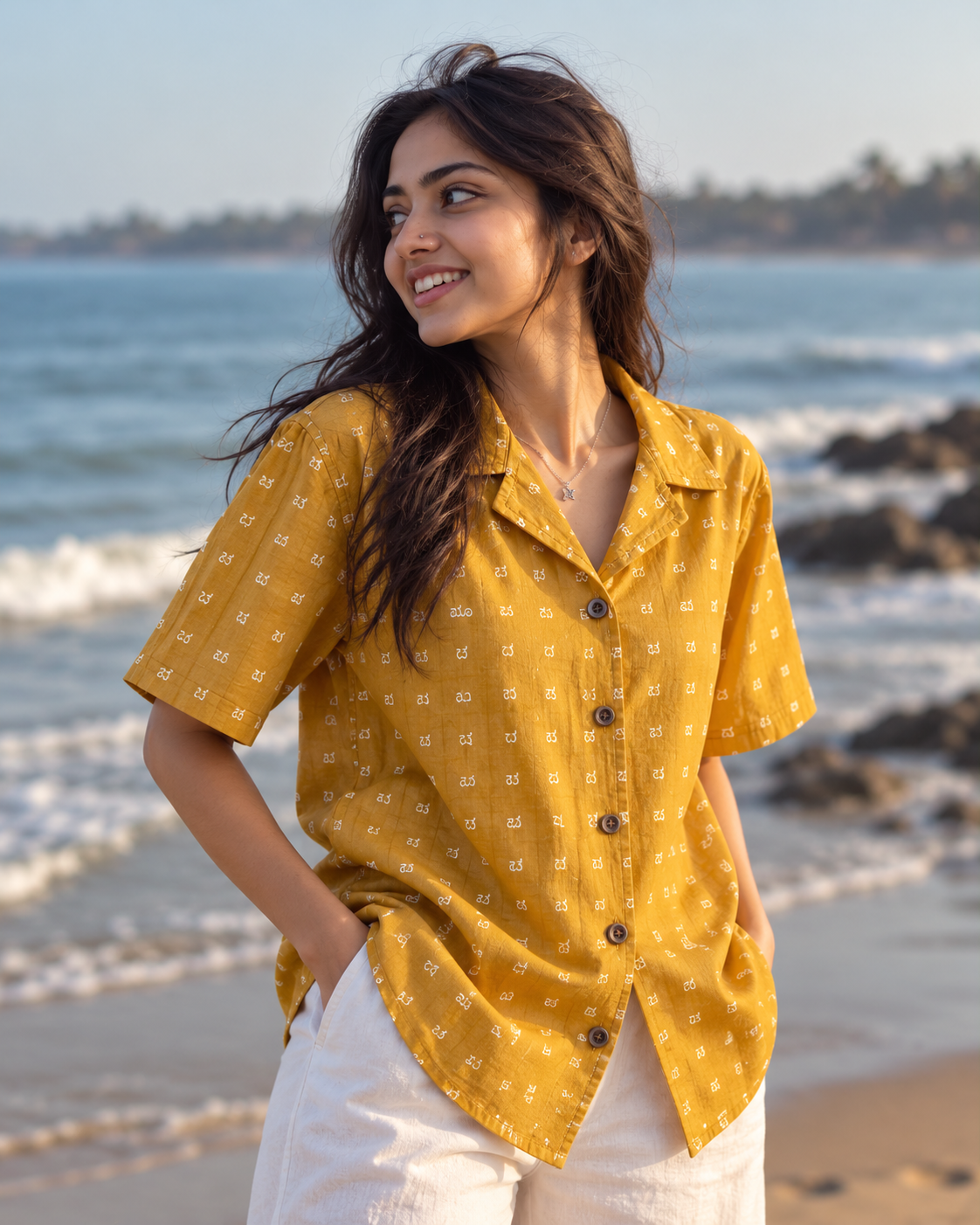 Oversized Classic Kannada Script Cuban Shirt For Womens