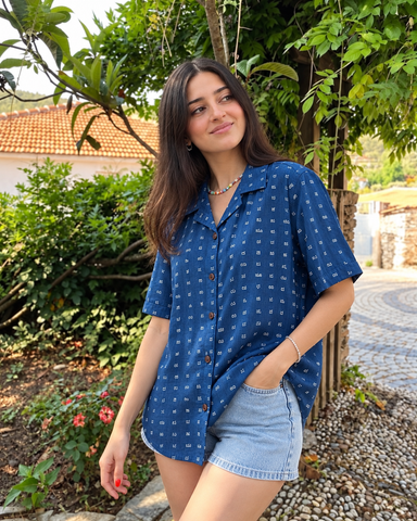 Oversized Classic Kannada Script Cuban Shirt For Womens