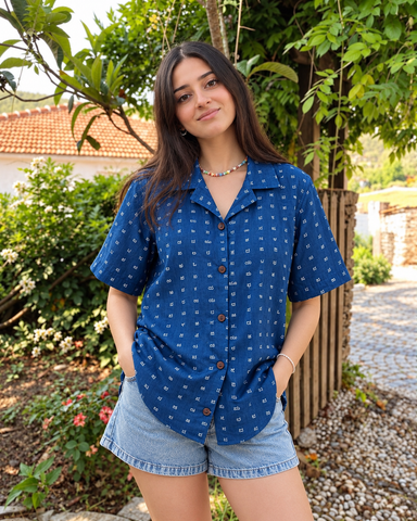 Oversized Classic Kannada Script Cuban Shirt For Womens