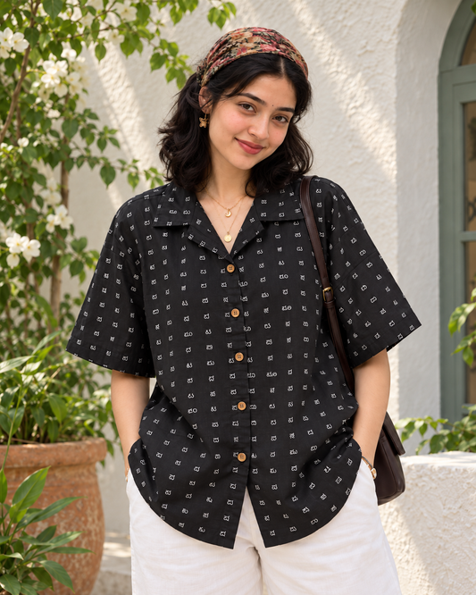 Oversized Classic Kannada Script Cuban Shirt For Womens