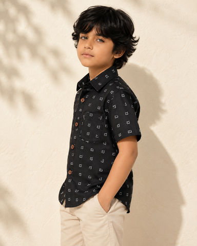 Classic Kannada Alphabet Cotton Shirt For Boys - Black