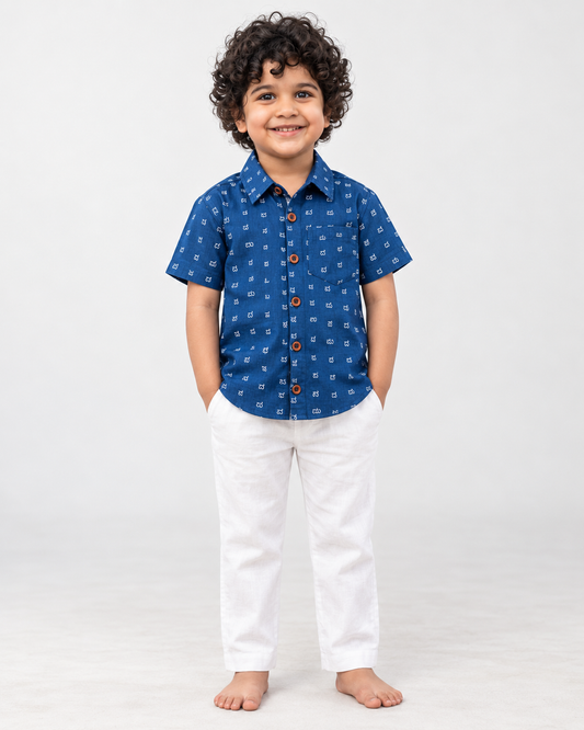 Classic Kannada Alphabet Cotton Shirt For Boys - Blue