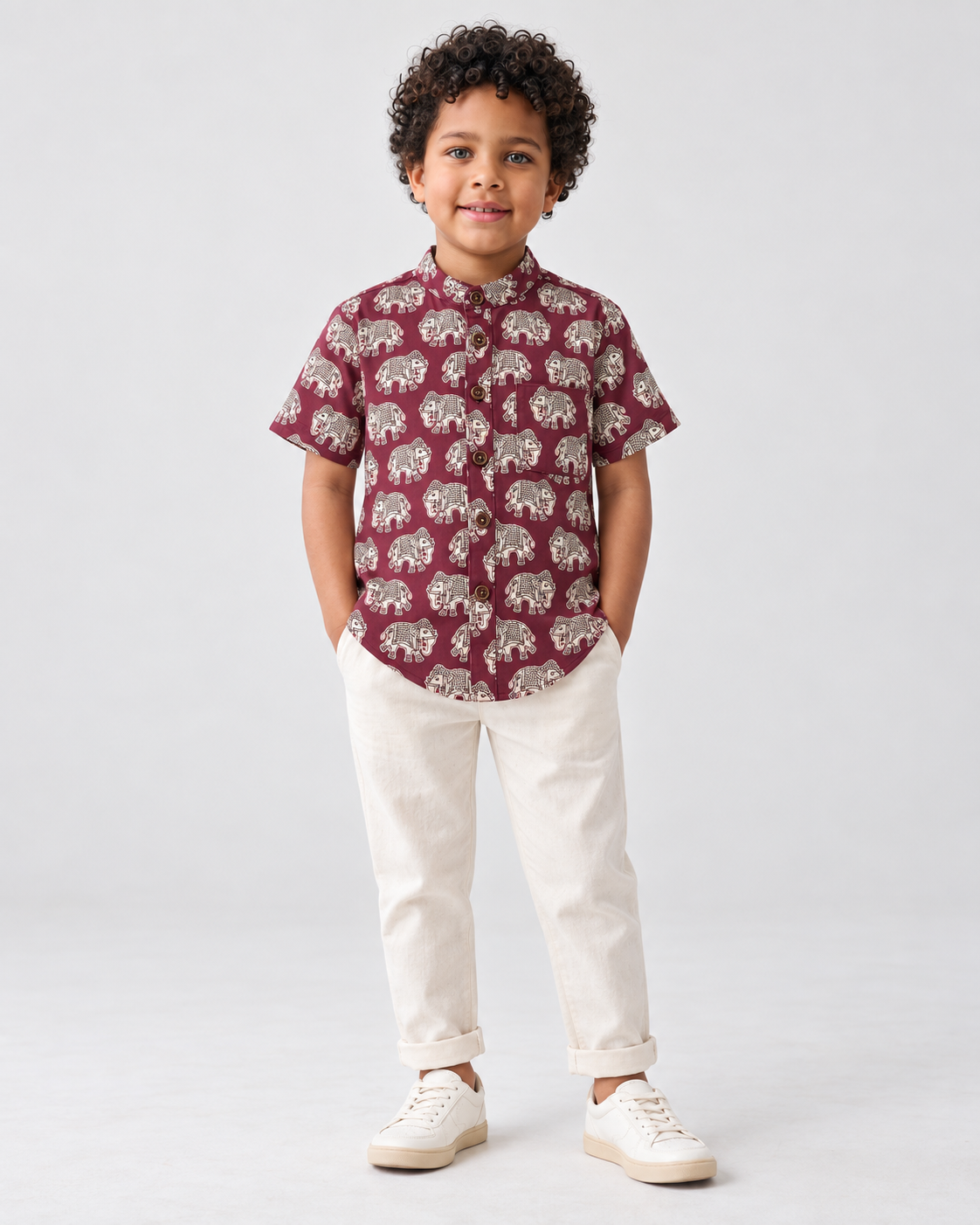 Elephant Print Cotton Short Kurta For Boys