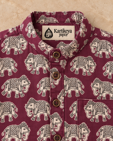 Elephant Print Cotton Short Kurta For Boys