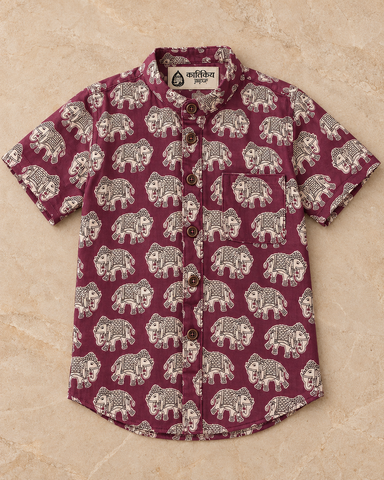 Elephant Print Cotton Short Kurta For Boys
