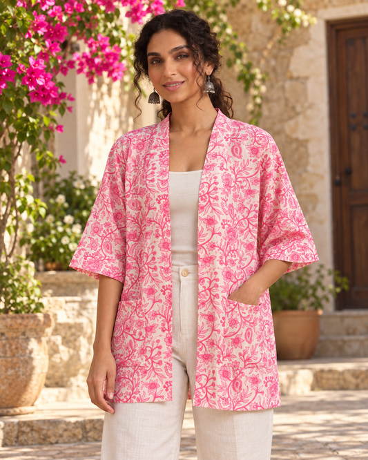Pink Block Printed Cotton Short Kimono for Women